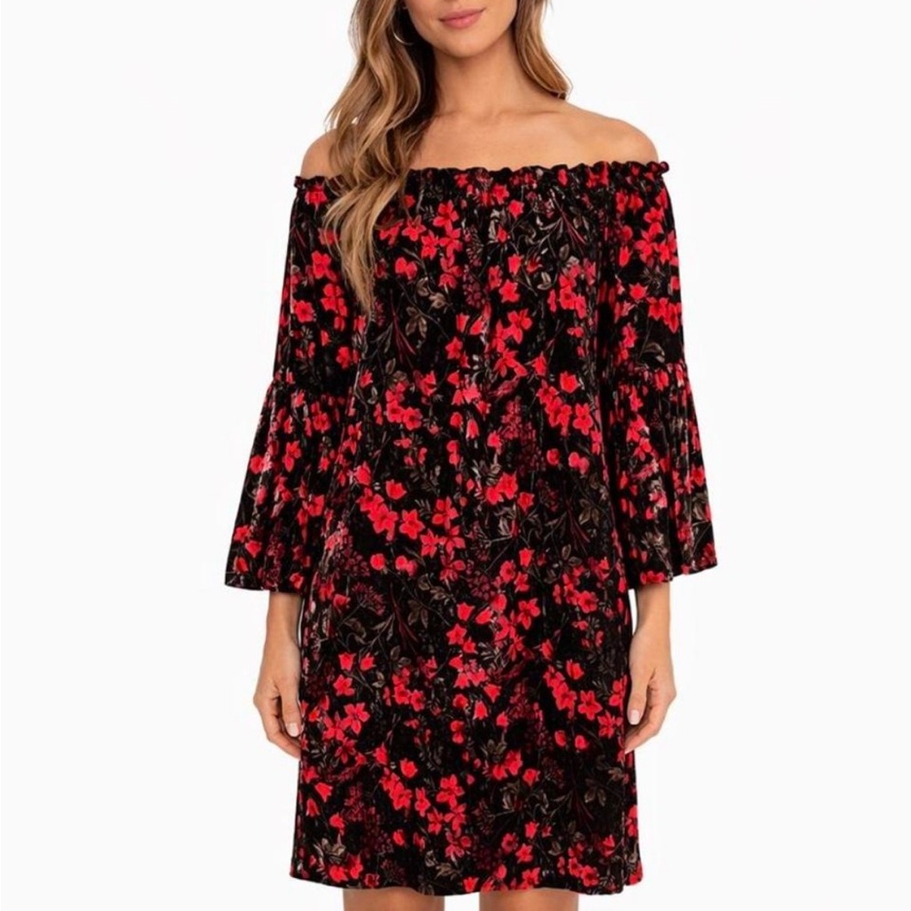 Gothic Romance Black & Red Rose Floral Shift Tunic Mini Dress, size L